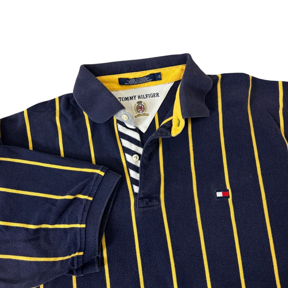 Tommy Hilfiger Mens‎ Navy Yellow Vertical Stripe Cotton Pique Polo Shirt Large
